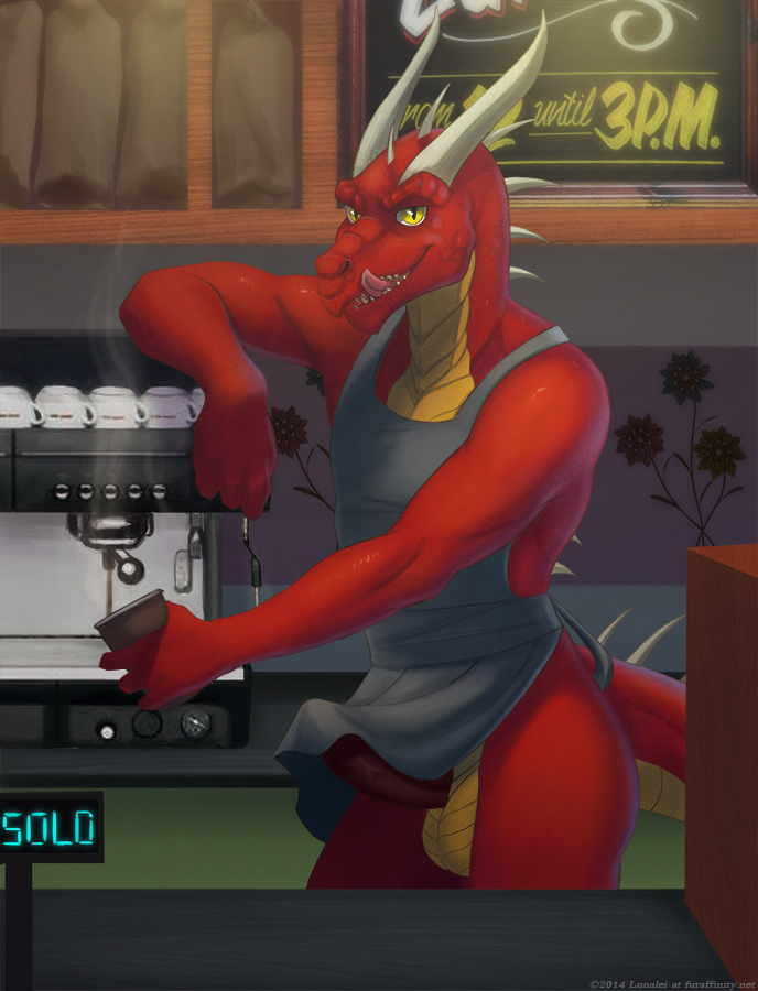 anthro apron balls bottomless dragon erection exhibitionism horn licking licking_lips looking_at_viewer lunalei male mnementh penis public red_dragon scalie solo standing tongue yellow_eyes