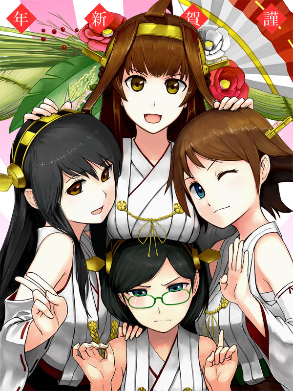 4girls bare_shoulders black_hair blue_eyes breast_rest breasts brown_eyes brown_hair detached_sleeves double_bun flower girl_sandwich hair_ornament haruna_(kantai_collection) hiei_(kantai_collection) kantai_collection kirishima_(kantai_collection) kongou_(kantai_collection) long_hair medium_breasts multiple_girls nontraditional_miko one_eye_closed open_mouth sandwiched sengoku_esuji short_hair