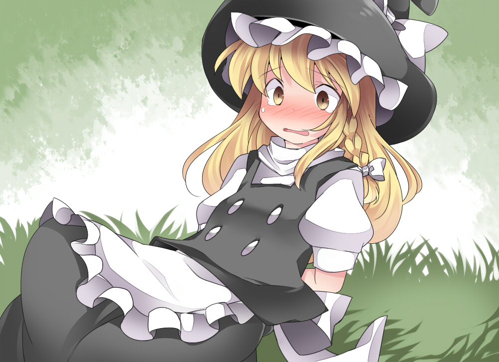 apron arms_behind_back bad_id bad_pixiv_id black_dress blonde_hair blush braid commentary dress hammer_(sunset_beach) hat kirisame_marisa long_hair looking_at_viewer open_mouth puffy_sleeves restrained shirt short_sleeves single_braid sitting skirt solo touhou very_long_hair waist_apron wavy_mouth witch_hat yellow_eyes