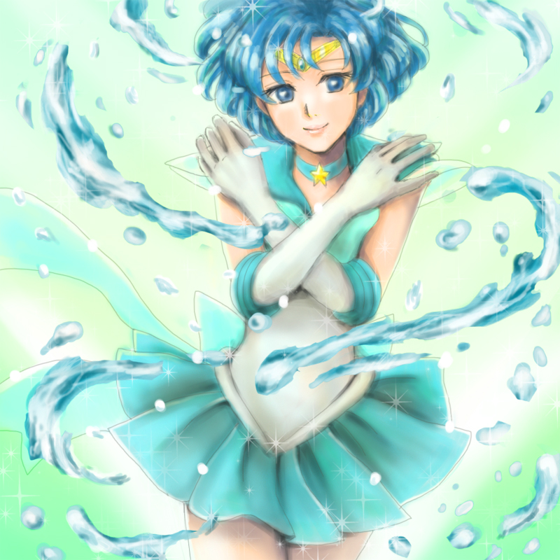 ainoru_keichi aqua_skirt bishoujo_senshi_sailor_moon blue_choker blue_eyes blue_hair blue_sailor_collar choker circlet crossed_arms elbow_gloves gloves light_smile mizuno_ami sailor_collar sailor_mercury sailor_senshi_uniform short_hair skirt solo sparkle star star_choker super_sailor_mercury water white_gloves