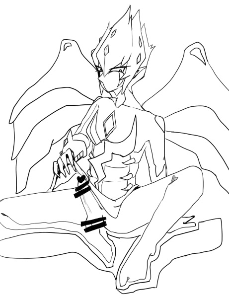 1boy alien balls body_markings boner bottomless censored clothed facial_markings gems jewelry jewels large_penis lineart male markings midriff penis pointy_ears shirtless solo spread_legs vector vector_(yuu-gi-ou_zexal) wings yu-gi-oh!