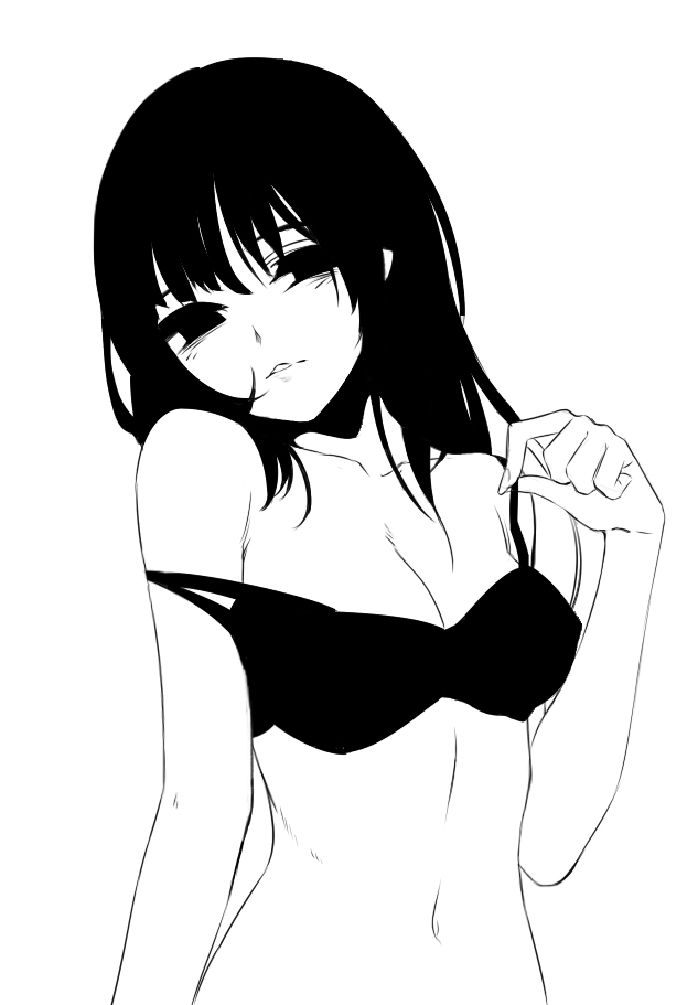 arm_at_side bad_id bad_pixiv_id bags_under_eyes bra breasts cleavage collarbone fingernails greyscale hips ladic looking_at_viewer medium_breasts midriff monochrome navel original simple_background solo strap_pull strap_slip underwear white_background