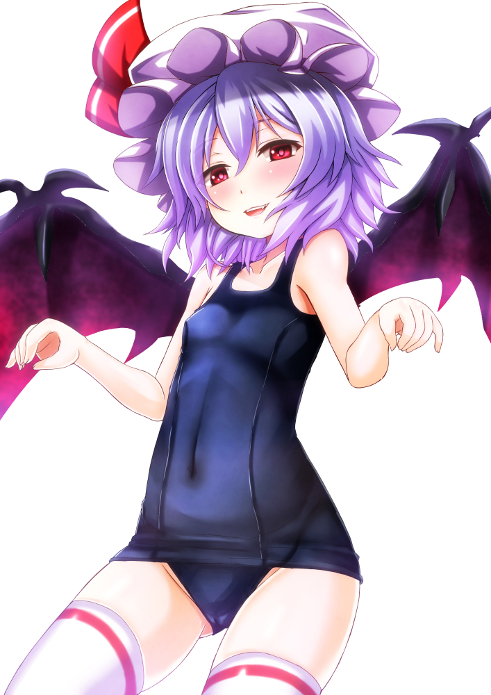 bat_wings blush ebi_193 fang hat lavender_hair looking_at_viewer one-piece_swimsuit red_eyes remilia_scarlet school_swimsuit short_hair simple_background smile solo swimsuit thighhighs touhou white_background wings