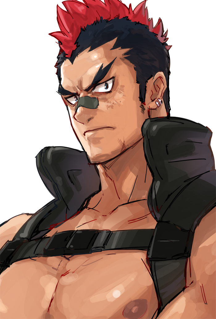 329 bad_id bad_pixiv_id bandaid bandaid_on_nose black_hair earrings eyebrows holster jewelry kill_la_kill kinagase_tsumugu male_focus mohawk multicolored_hair muscle nudist_beach_uniform pectorals red_hair shirtless shoulder_holster solo two-tone_hair