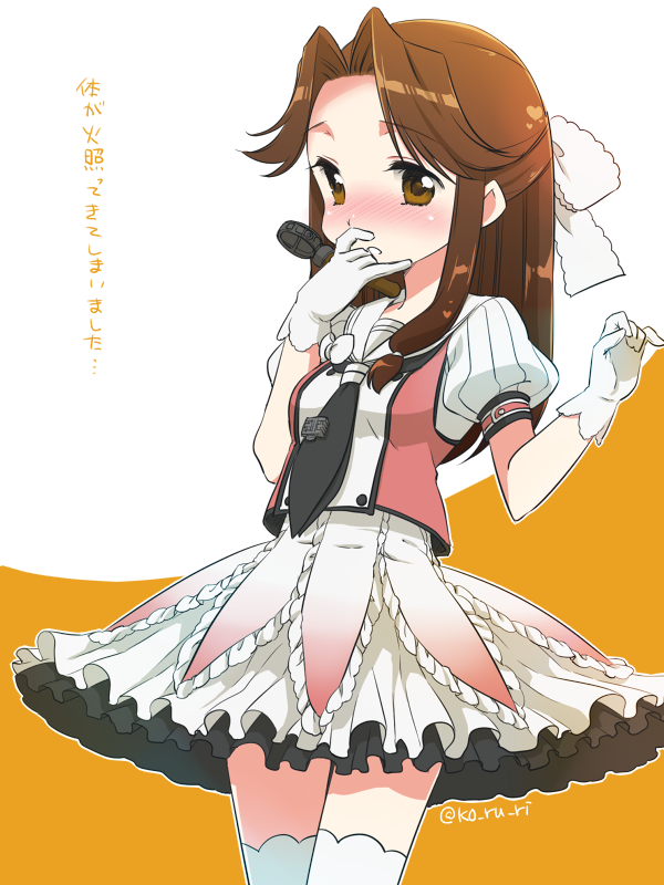 blush brown_eyes brown_hair double-breasted dress_shirt gloves hair_intakes jintsuu_(kantai_collection) kantai_collection koruri long_hair looking_at_viewer microphone necktie remodel_(kantai_collection) shirt sidelocks solo thighhighs translation_request white_gloves white_legwear