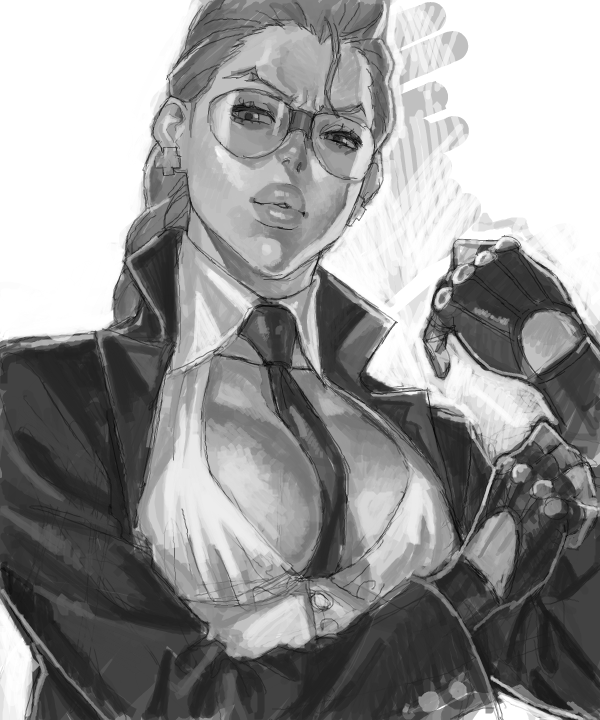 between_breasts braid breasts commentary_request crimson_viper earrings fingerless_gloves glasses gloves greyscale hands_up jewelry lips mana30row medium_breasts monochrome necktie necktie_between_breasts pompadour solo street_fighter street_fighter_iv_(series) sunglasses