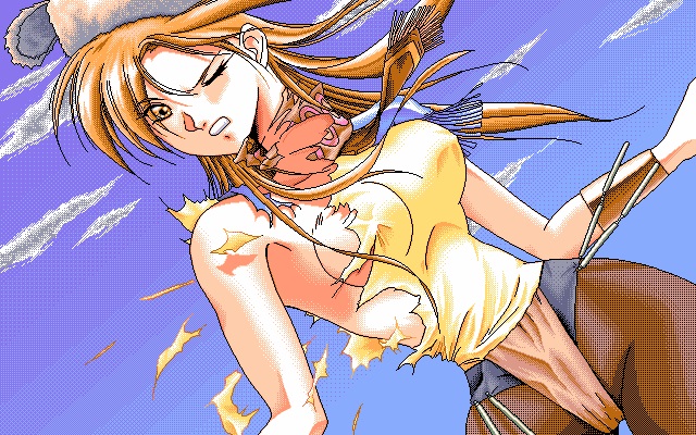 armband artist_request bracelet breasts cloud cloudy_sky hat hercequary jewelry medium_breasts orange_hair pain pantyhose shirt sideboob sky solo tearing_clothes tina_(hercequary) torn_clothes yellow_shirt