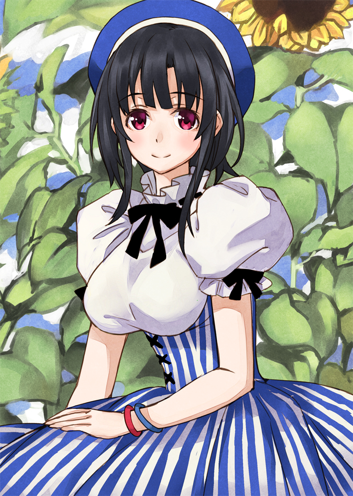 alternate_costume bad_id bad_pixiv_id black_hair blush breasts flower hat kantai_collection large_breasts looking_at_viewer matsuryuu parody red_eyes short_hair smile solo sunflower takao_(kantai_collection)