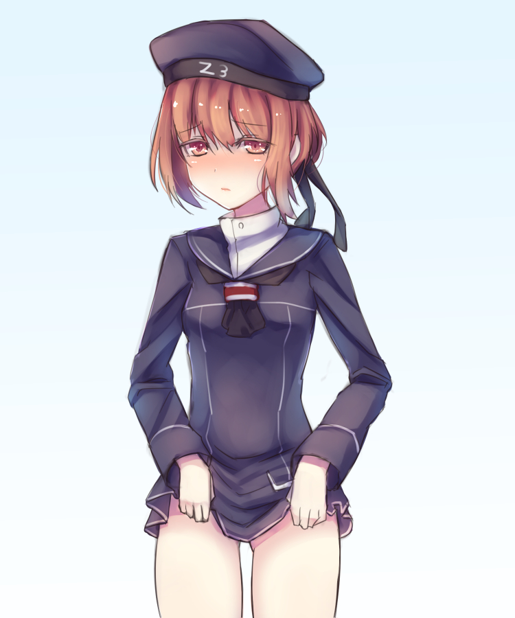 brown_eyes brown_hair clothes_writing dress embarrassed hat kantai_collection lasts long_sleeves sailor_collar sailor_dress sailor_hat short_hair solo z3_max_schultz_(kantai_collection)