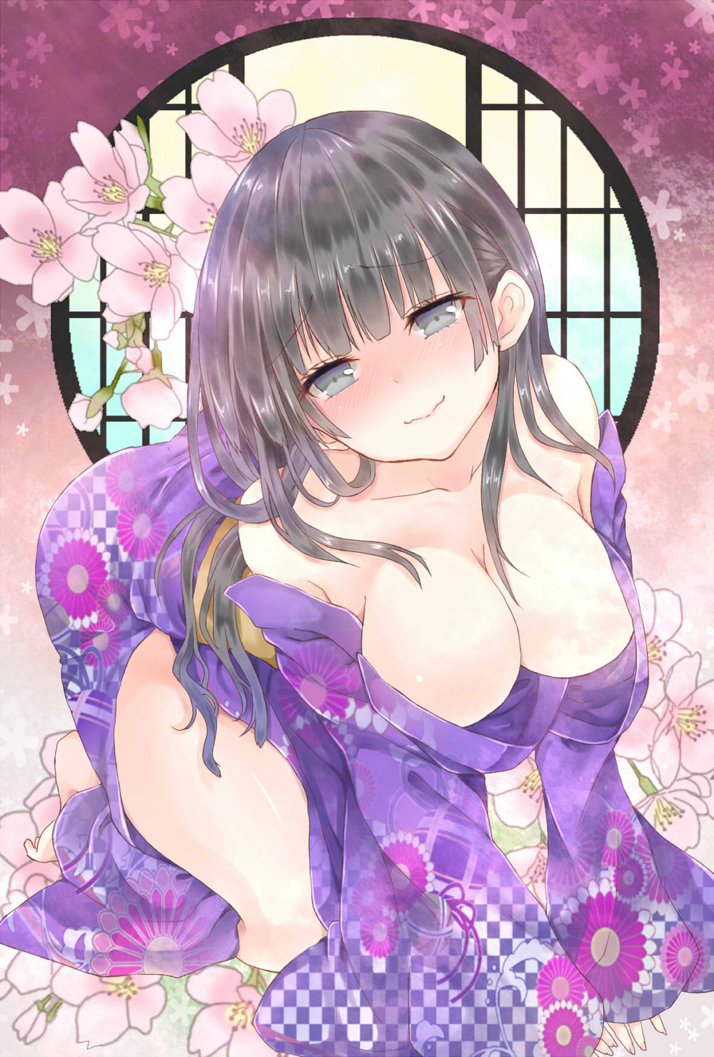 all_fours bangs bare_shoulders barefoot black_hair blunt_bangs blush breasts cherry_blossoms cleavage collarbone downblouse floral_background floral_print green_eyes hanging_breasts head_tilt highres japanese_clothes kimono large_breasts leaning_forward long_hair long_sleeves looking_at_viewer mimoto_(aszxdfcv) off_shoulder original round_window solo wavy_mouth wide_sleeves