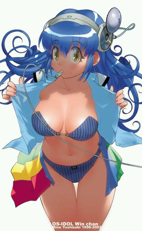 blue_hair bra breasts cable large_breasts lingerie long_hair looking_at_viewer mouth_hold open_clothes open_shirt os-tan panties personification shirt solo underwear undressing winchan yellow_eyes yoshizaki_mine