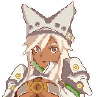 1girl arc_system_works beltbra cloak dark_skin expressionless guilty_gear guilty_gear_xrd hat long_hair looking_at_viewer lowres pixel_art ramlethal_valentine solo white_hair