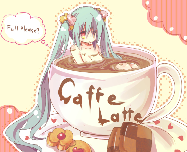 bad_id bad_pixiv_id bathing checkerboard_cookie cookie cup food green_hair hatsune_miku in_container in_cup jam_cookie kanna0 long_hair minigirl nude solo teacup twintails very_long_hair vocaloid yellow_eyes