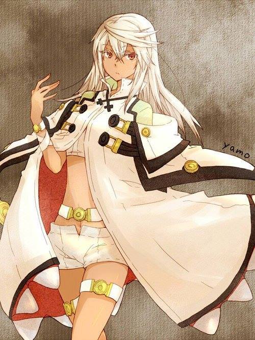 1girl arc_system_works cloak dark_skin expressionless guilty_gear guilty_gear_xrd long_hair looking_at_viewer midriff no_hat ramlethal_valentine short_shorts solo tsurime white_hair