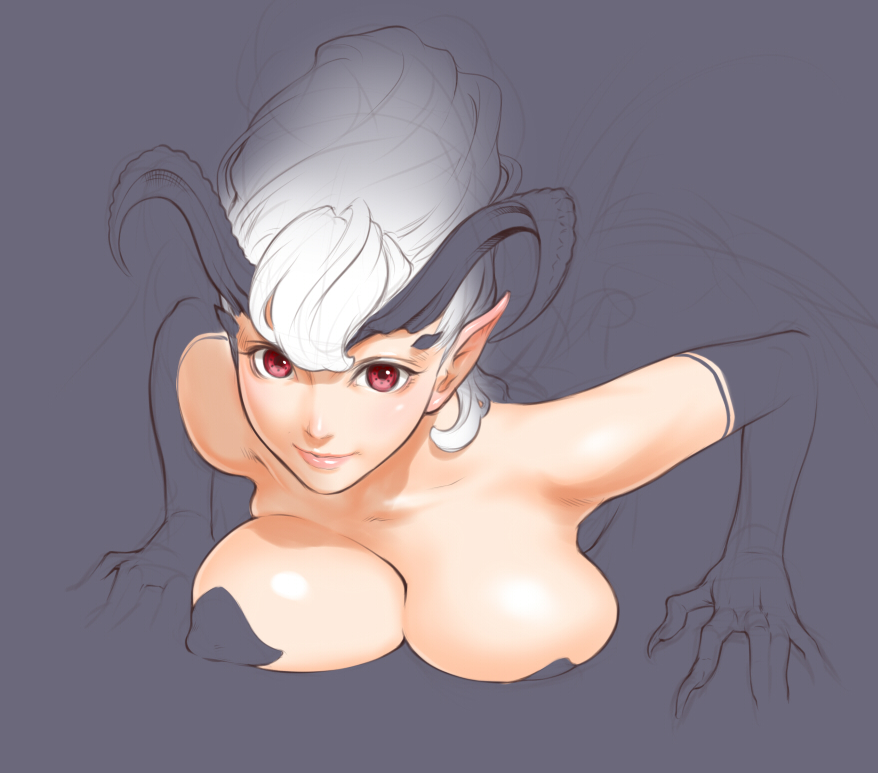 bad_id bad_pixiv_id bare_shoulders black_gloves breast_press breasts cleavage demon_girl demon_horns elbow_gloves gloves horns large_breasts lips looking_at_viewer lying on_stomach original pasties pointy_ears red_eyes sano_toshihide silver_hair sketch smile solo work_in_progress