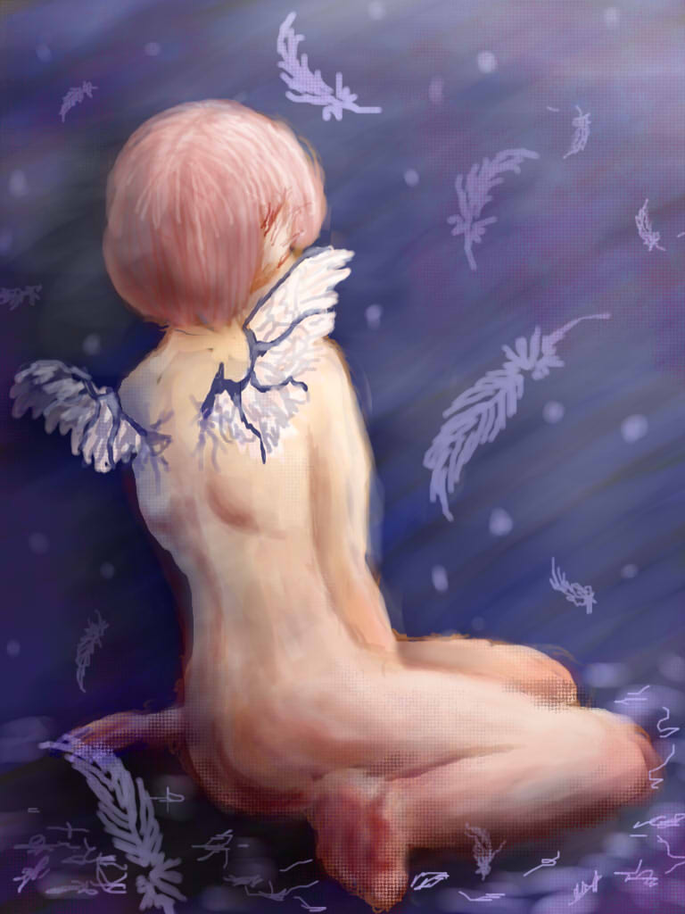 back faux_traditional_media feathers from_behind mackie-mackie mystia_lorelei nude pink_hair sitting solo touhou wariza wings