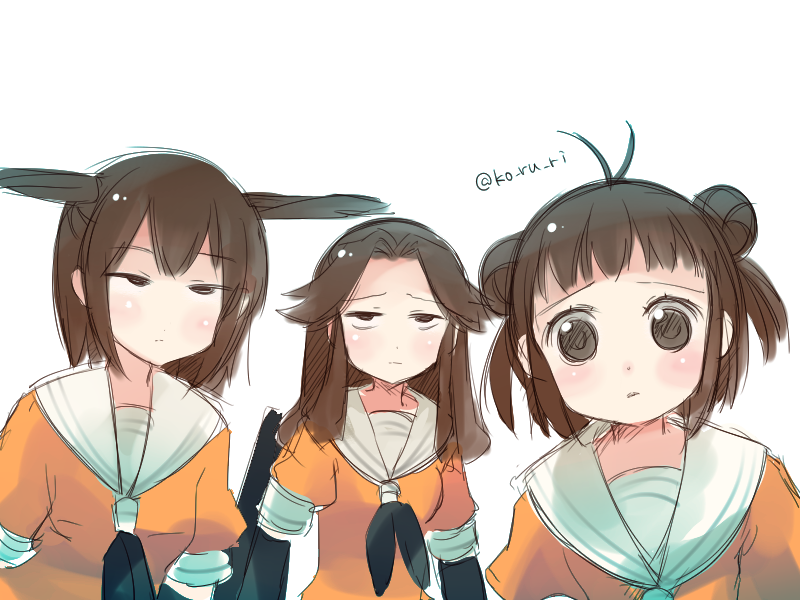 ahoge brown_eyes brown_hair double_bun jintsuu_(kantai_collection) jitome kantai_collection koruri long_hair looking_at_viewer multiple_girls naka_(kantai_collection) neckerchief sendai_(kantai_collection) short_hair