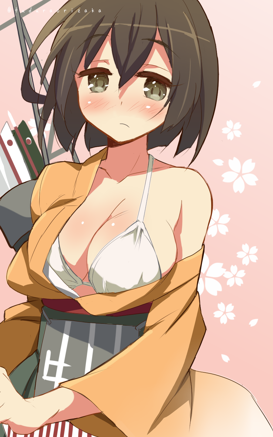 9law blush bra breasts brown_hair cherry_blossoms highres hiryuu_(kantai_collection) japanese_clothes kantai_collection medium_breasts quiver short_hair solo underwear