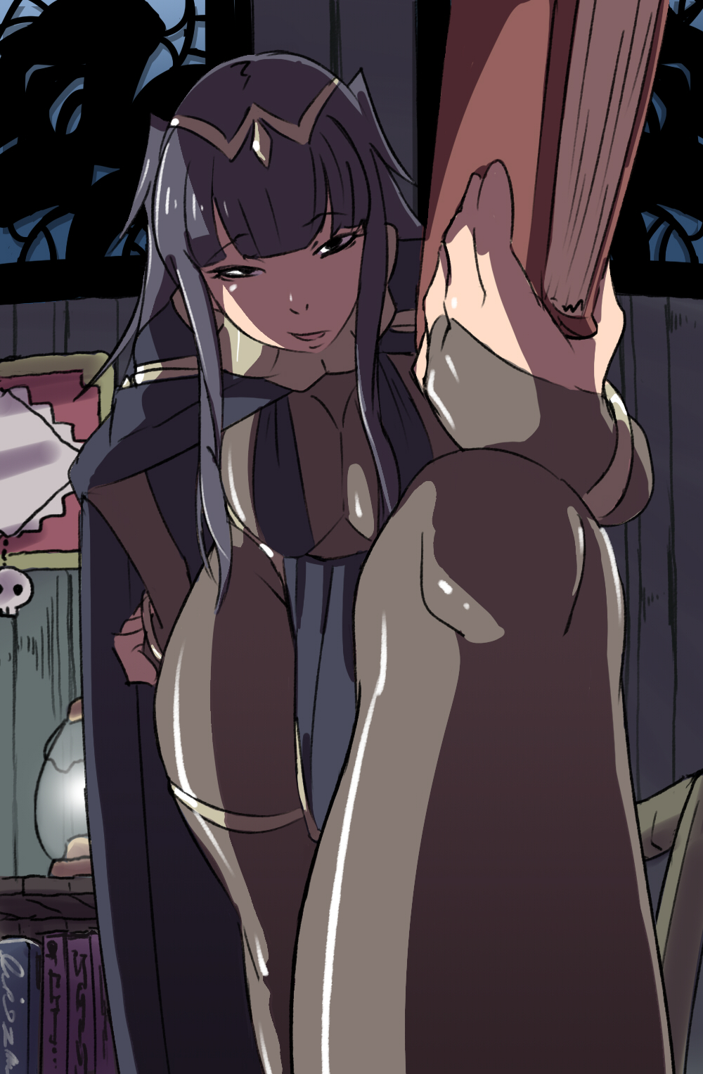 black_hair bodysuit book bracelet breasts bridal_gauntlets candlelight cape cleavage commentary_request fire_emblem fire_emblem:_kakusei hand_on_thigh highres indoors jewelry lantern large_breasts long_hair looking_at_viewer natsumi_hajime shadow skin_tight solo stepping tharja