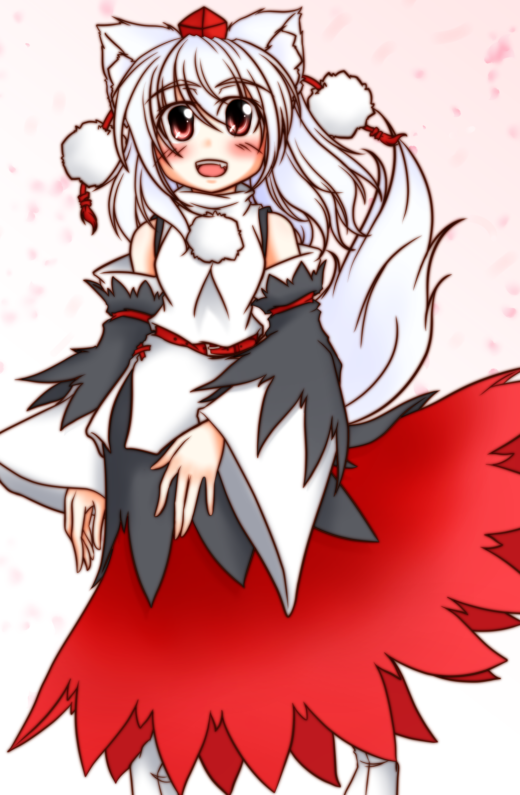 alternate_costume animal_ears bare_shoulders blush breasts detached_sleeves fang happy hat highres inubashiri_momiji konoe_yuu long_hair looking_at_viewer medium_breasts open_mouth pom_pom_(clothes) red_eyes silver_hair smile solo tail tokin_hat touhou wolf_ears wolf_tail