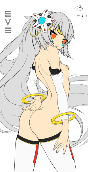 1girl :o add ass back_turned bracelet breasts detached_sleeves elsword eve_(elsword) jewelry long_hair nipples orange_eyes silver_hair small_breasts solo thighhighs white_legwear