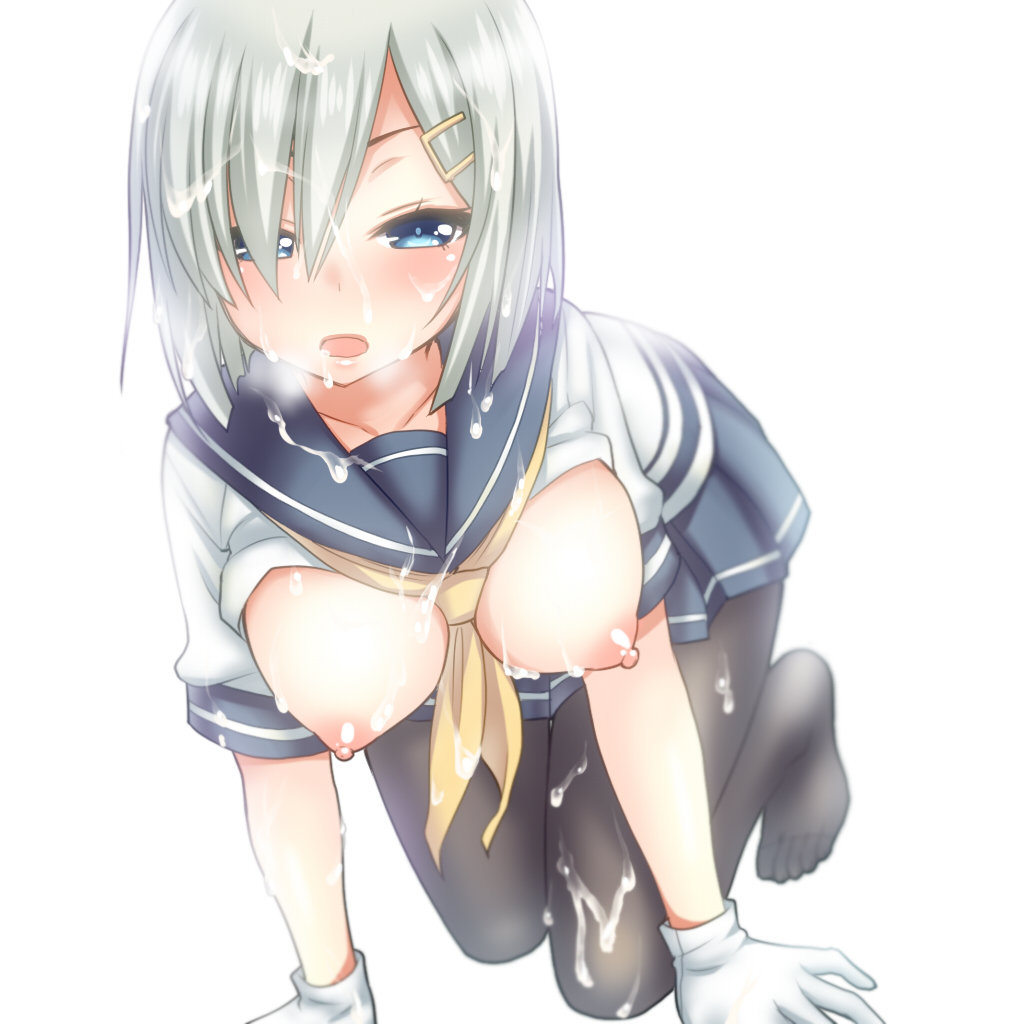 all_fours black_legwear blue_eyes blush breasts cum cum_on_body cum_on_hair cum_on_lower_body facial gloves hair_ornament hair_over_one_eye hairclip hamakaze_(kantai_collection) kantai_collection large_breasts looking_at_viewer nipples pantyhose saki_chisuzu school_uniform serafuku short_hair short_sleeves silver_hair simple_background skirt solo white_background white_gloves