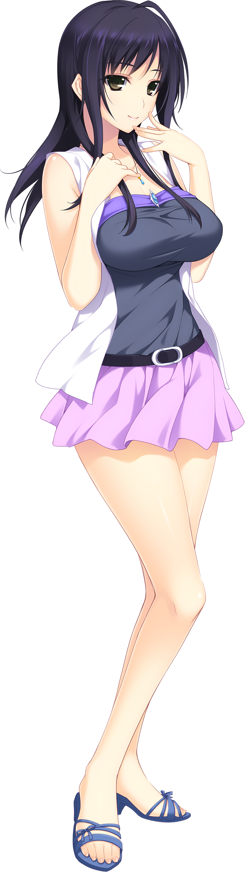 1girl black_eyes breasts feet full_body game_cg high_heels highres iizuki_tasuku izumi_wakoto large_breasts legs long_hair long_image looking_at_viewer lovely_x_cation_2 open_shoes purple_hair sandals simple_background skirt smile solo standing thighs toes twintails white_background