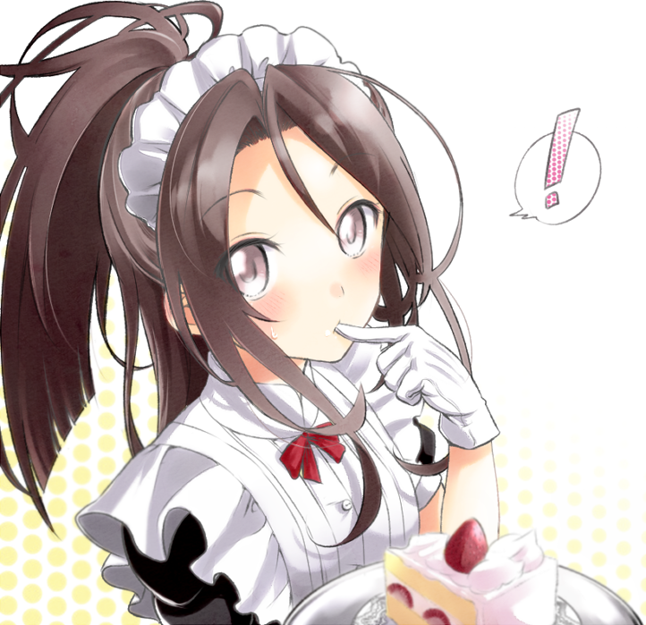 1girl alternate_costume apron black_wings blurry brown_eyes brown_hair cake depth_of_field dish doily enmaided flat_chest food fruit gloves high_ponytail kantai_collection light_brown_hair long_hair maid maid_headdress natsupa plate ponytail short_sleeves slice_of_cake solo spoken_exclamation_mark strawberry strawberry_shortcake sweatdrop waist_apron waitress white_gloves wings zuihou_(kantai_collection)