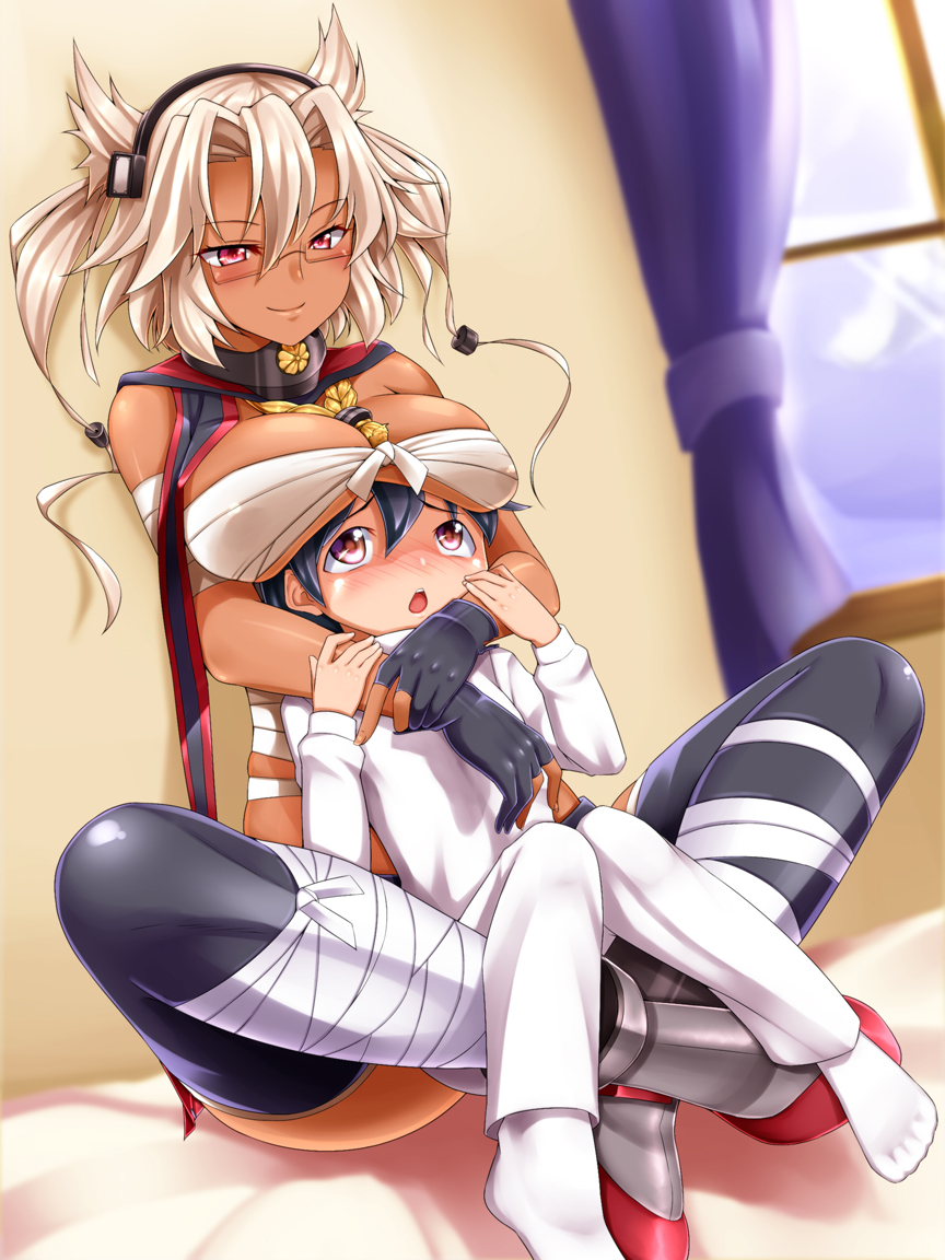 1girl age_difference black_gloves black_hair blonde_hair blush breast_rest breasts breasts_on_head crossed_legs dark_skin fingerless_gloves glasses gloves kantai_collection large_breasts little_boy_admiral_(kantai_collection) long_hair musashi_(kantai_collection) red_eyes sarashi short_hair smile socks thighhighs tsubuki_(ron-bb69)
