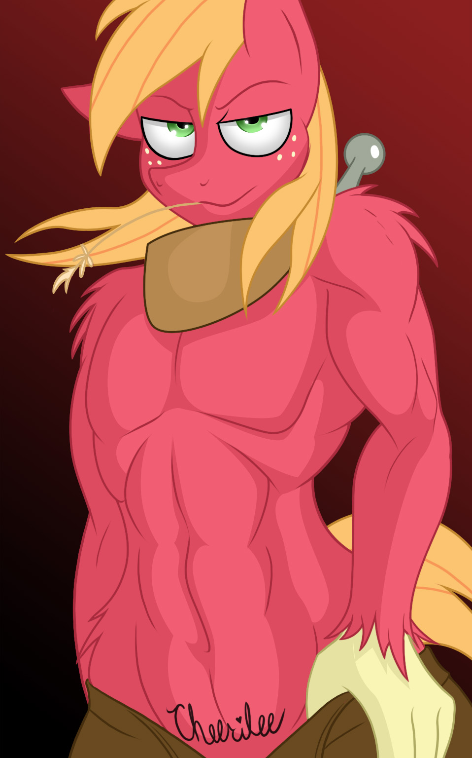 &lt;3 abs anthro anthrofied bedroom_eyes big_macintosh_(mlp) blonde_hair clothing english_text equine freckles friendship_is_magic green_eyes hair horse jrvanesbroek looking_at_viewer male mammal muscles my_little_pony navel pony smile solo tattoo text wheat