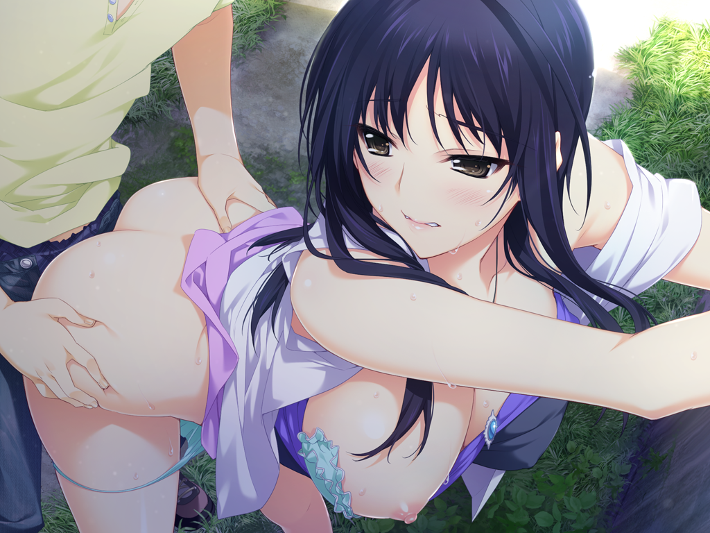 1boy 1girl areolae ass ass_grab bent_over black_eyes blush bra breasts clothed_sex game_cg grass highres iizuki_tasuku izumi_wakoto large_breasts legs long_hair looking_back lovely_x_cation_2 nipples panties panty_pull purple_hair sex sweat thighs underwear vaginal