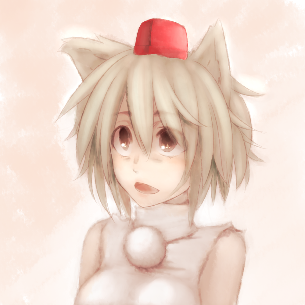 animal_ears bare_shoulders breasts brown_eyes detached_sleeves hat inubashiri_momiji large_breasts looking_up open_mouth pom_pom_(clothes) short_hair silver_hair simple_background solo tokin_hat touhou traditional_media unier wolf_ears