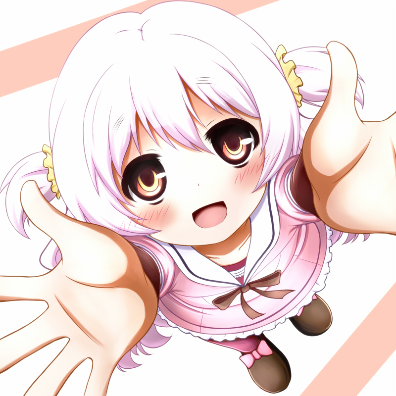 :d arms_up artist_request blush carry_me foreshortening from_above full_body loafers long_sleeves looking_at_viewer looking_up mahou_shoujo_madoka_magica mahou_shoujo_madoka_magica_movie momoe_nagisa open_mouth outstretched_arms palms pink_shirt ribbon school_uniform serafuku shirt shoes smile solo source_request standing tareme two_side_up white_hair