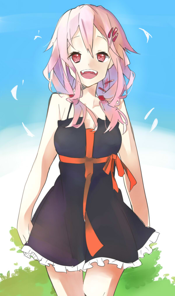 bad_id bad_pixiv_id bare_shoulders dress guilty_crown hair_ornament hairclip long_hair open_mouth pink_hair red_eyes smile solo twintails yamaimo-samurai_modoki yuzuriha_inori