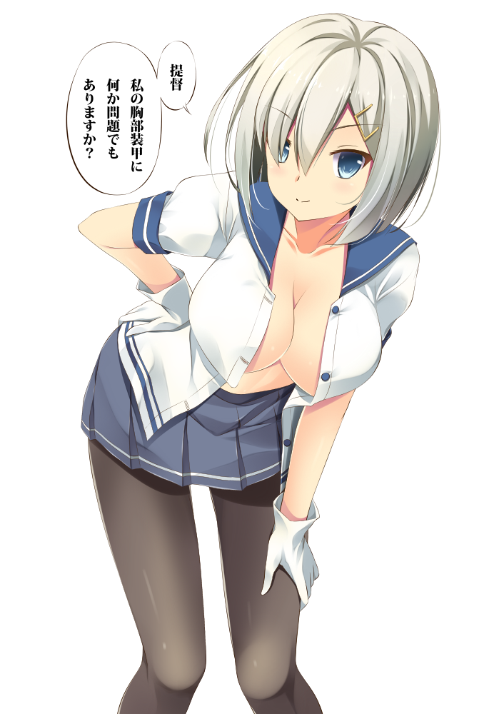 blue_eyes blush breasts cleavage gloves hair_ornament hair_over_one_eye hairclip hamakaze_(kantai_collection) hanging_breasts kantai_collection large_breasts leaning_forward onaka_sukisuki open_clothes open_shirt pantyhose pleated_skirt shirt silver_hair simple_background skirt smile solo translated white_background white_gloves
