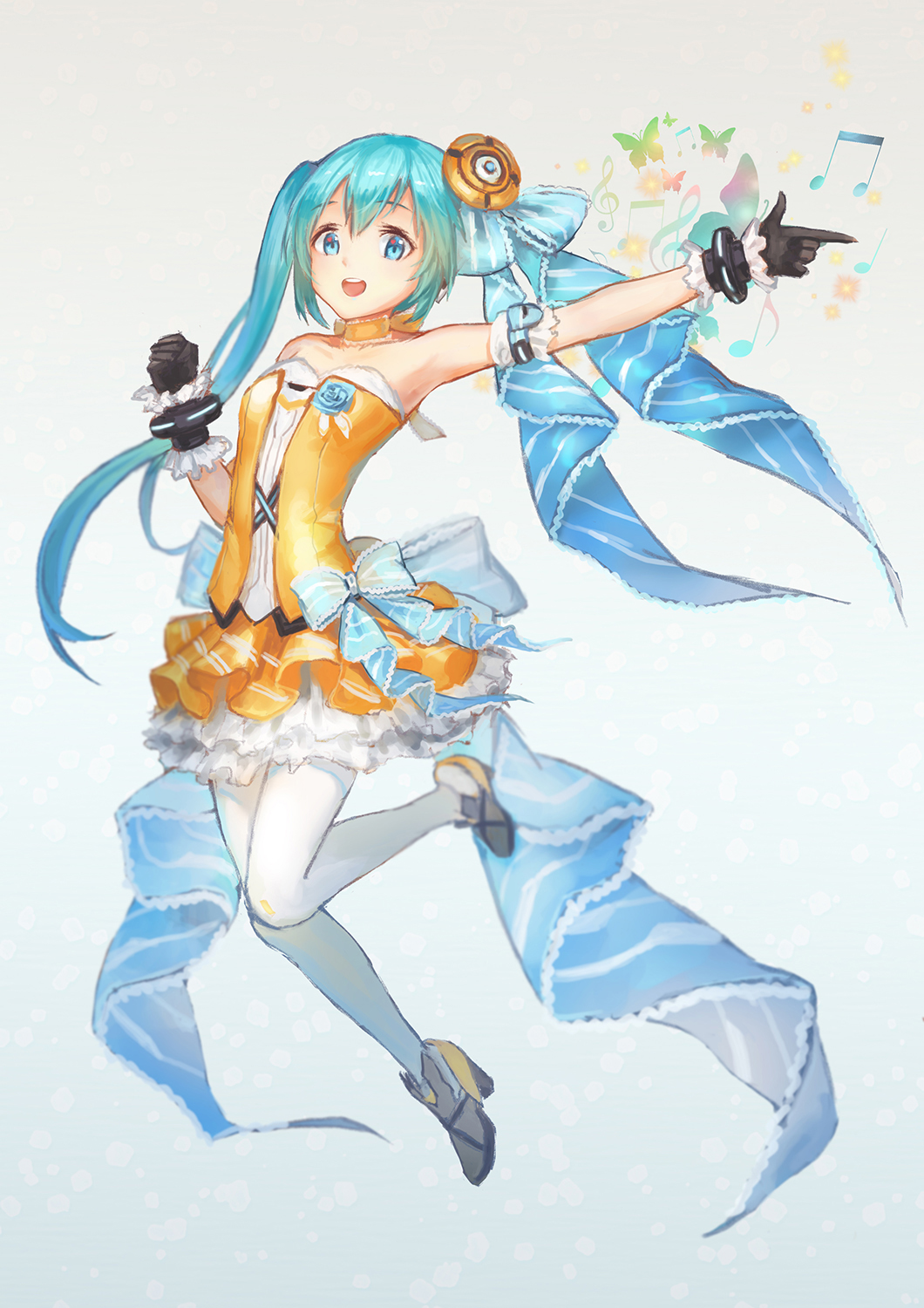 :d alternate_hairstyle aqua_eyes aqua_hair arm_garter beamed_eighth_notes black_gloves bow bug butterfly clenched_hand decorator_(vocaloid) eighth_note full_body gloves hair_ornament hair_ribbon hatsune_miku high_heels highres insect long_hair musical_note neck_ribbon open_mouth outstretched_arm pantyhose pleated_skirt pointing project_diva_(series) project_diva_f_2nd quarter_note rakuhei ribbon shirt shoes side_ponytail silhouette skirt smile solo thighhighs treble_clef vocaloid white_legwear
