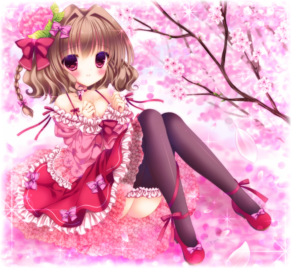 bad_id bad_pixiv_id bare_shoulders black_legwear braid branch brown_hair cherry_blossoms collarbone dress flats flower frilled_legwear frills full_body hair_flower hair_intakes hair_ornament knees_together_feet_apart knees_up kouta. off_shoulder original plant purple_eyes red_dress shoes solo thighhighs thighs too_many too_many_frills tree zettai_ryouiki
