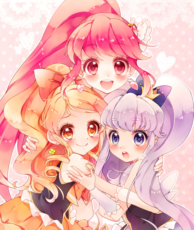 aino_megumi blonde_hair blush crown cure_honey cure_lovely cure_princess happinesscharge_precure! heart long_hair looking_at_viewer magical_girl multiple_girls oomori_yuuko open_mouth pink_eyes pink_hair polka_dot polka_dot_background ponytail precure purple_eyes purple_hair shirayuki_hime smile twintails uzuki_aki wide_ponytail yellow_eyes