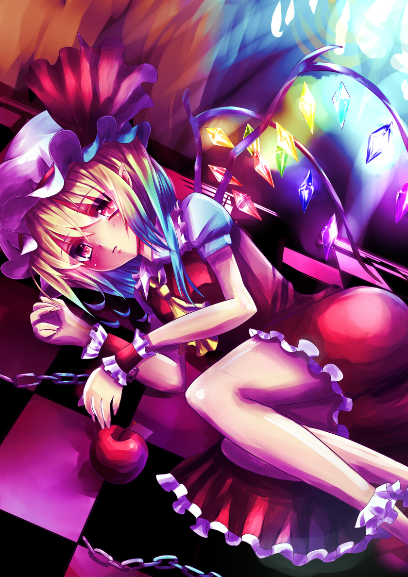 abusoru apple bat_wings blonde_hair chain checkered checkered_floor flandre_scarlet food fruit hat lying on_side parted_lips red_eyes short_hair side_ponytail solo touhou wings