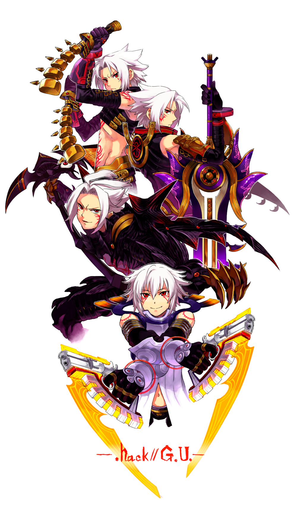 .hack//g.u. 4boys albino armor black_armor copyright_name costume_chart dagger dual_wielding elbow_gloves facial_mark gloves haseo_(.hack//) highres holding holding_dagger holding_scythe holding_weapon male_focus multiple_boys multiple_persona red_eyes reverse_grip scythe serious spiked_hair sword tachibana_amane_(amane01a) tattoo weapon white_background white_hair