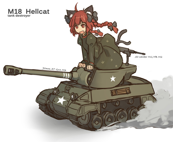 ahoge animal_ears bow braid cat_ears cat_tail caterpillar_tracks dress fang ground_vehicle hair_bow kaenbyou_rin long_hair m18_hellcat military military_vehicle motor_vehicle multiple_tails open_mouth pun red_eyes red_hair solo tail tank tank_destroyer touhou twin_braids xiao_qiang_(overseas)