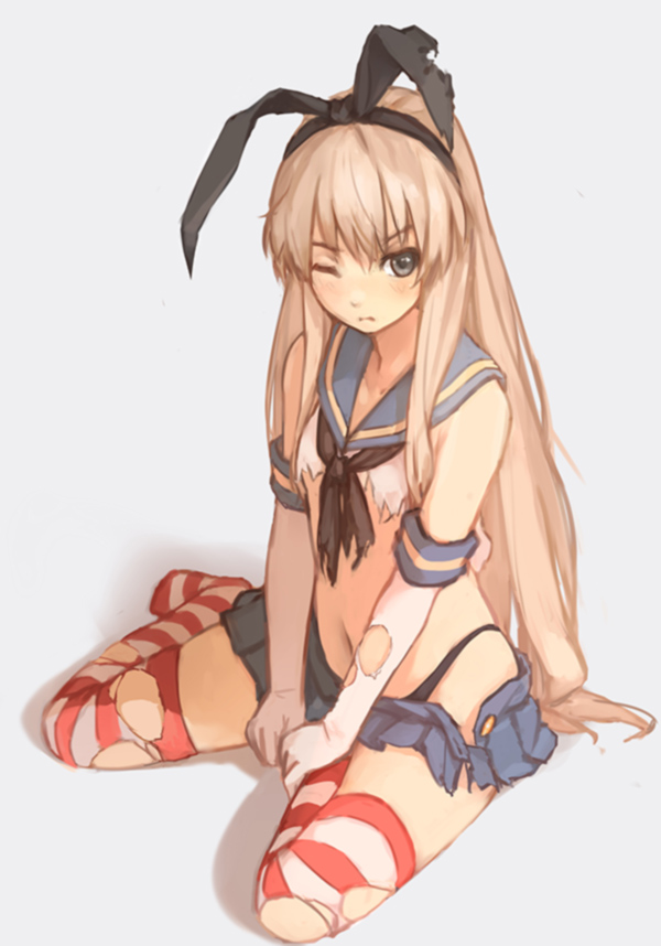 black_panties blonde_hair blush elbow_gloves gloves hairband highleg highleg_panties kantai_collection long_hair looking_at_viewer navel one_eye_closed panties shimakaze_(kantai_collection) skirt solo striped striped_legwear thighhighs torn_clothes torn_gloves torn_legwear underwear white_gloves xiao_qiang_(overseas)