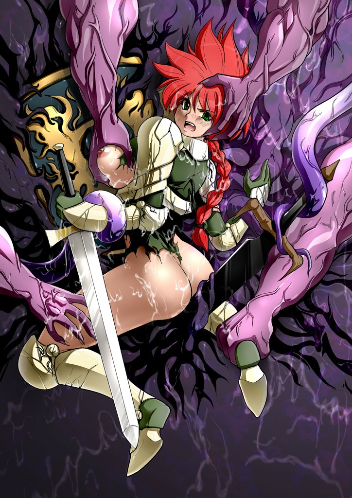 1girl angry armor ass braid breast_grab breasts broken_armor defeated grabbing green_eyes groping hand_on_head knight large_breasts leg_grab monster nipples rape red_hair restrained souryu sword tentacle torn_clothes warrior weapon