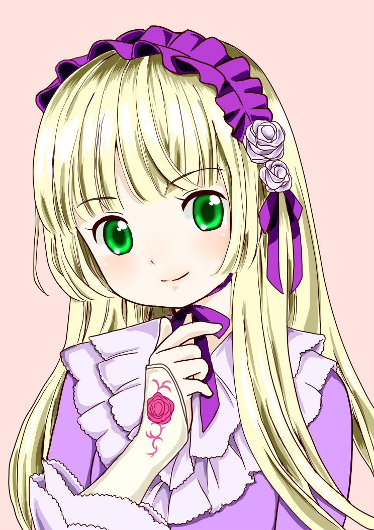 bad_id bad_pixiv_id bangs blonde_hair blunt_bangs chin_strap closed_mouth dress flower frills gosick green_eyes hair_flower hair_ornament hairband head_tilt kirche0401 lolita_fashion long_hair long_sleeves looking_at_viewer pink_background purple_dress ribbon simple_background sleeves_past_wrists smile solo upper_body very_long_hair victorica_de_blois