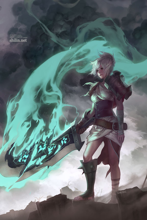 bandages dress league_of_legends riven_(league_of_legends) shilin short_hair silver_hair solo sword watermark weapon yellow_eyes