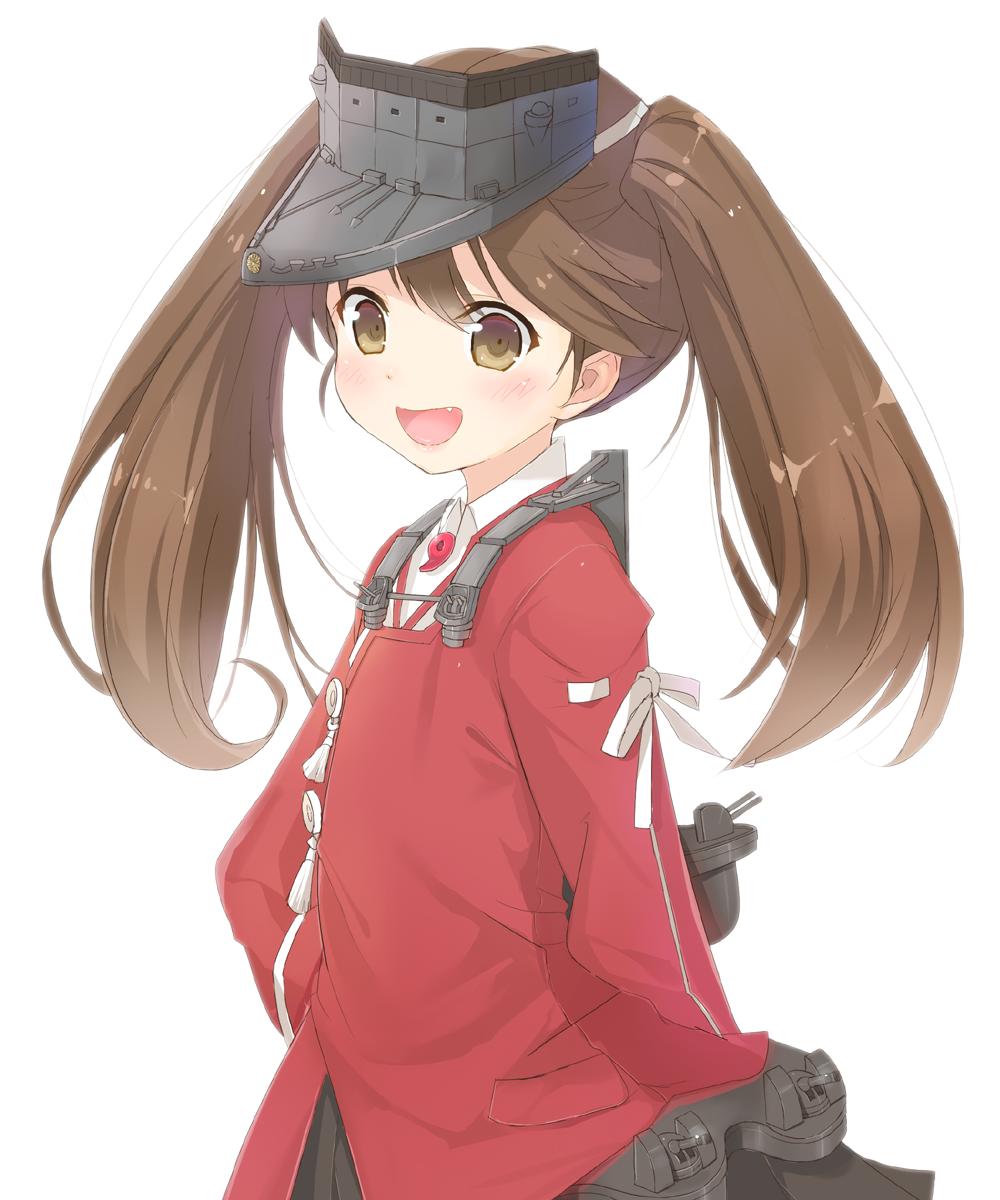 :d blush brown_eyes brown_hair dress_shirt fang hand_on_hip highres japanese_clothes kagerou_(shadowmage) kantai_collection kariginu long_hair long_sleeves machinery magatama open_mouth ryuujou_(kantai_collection) shirt simple_background skirt smile solo twintails visor_cap white_background