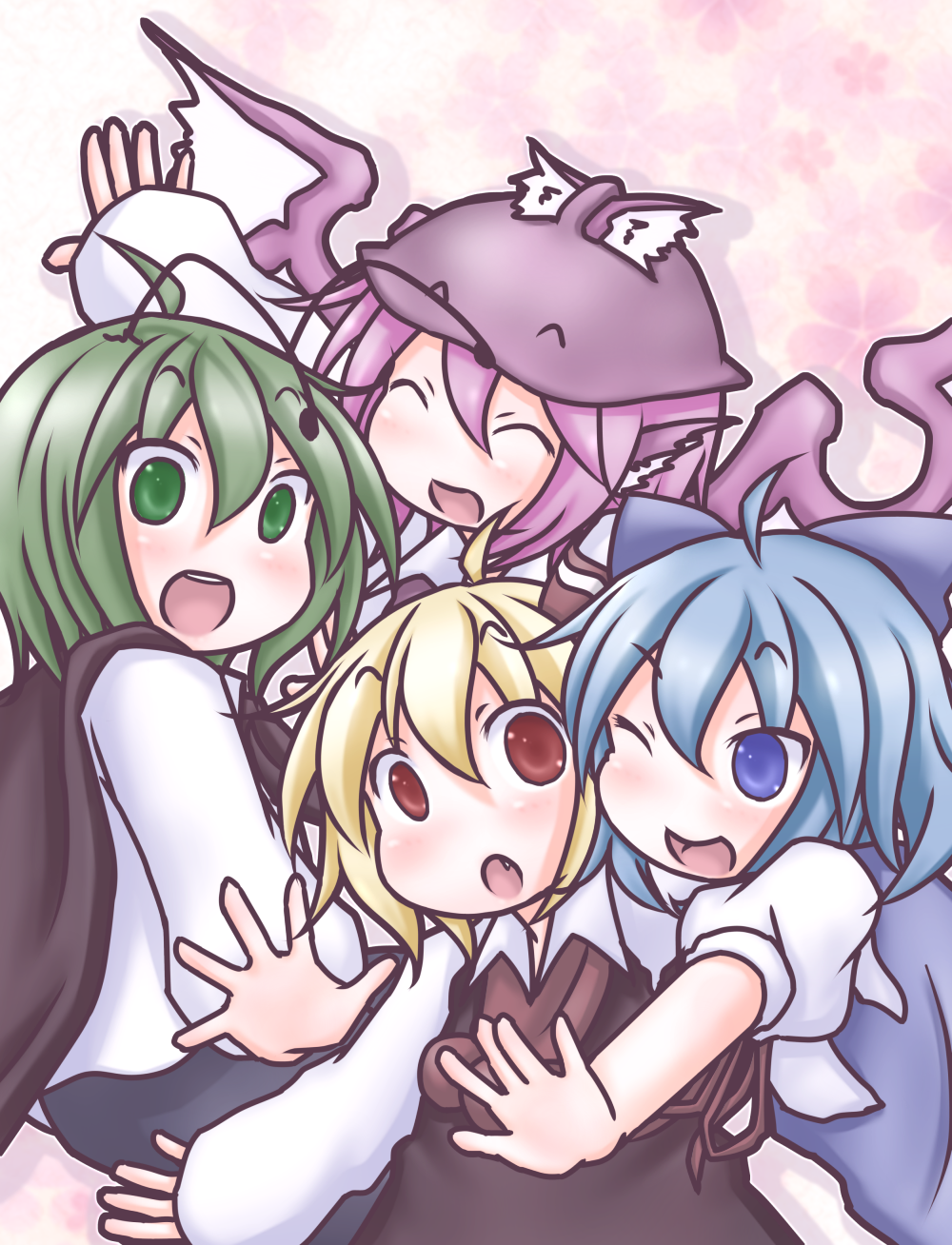 ahoge animal_ears antennae bird_wings blonde_hair blue_eyes blue_hair blush bow cape cherry_blossoms cirno closed_eyes dress fang floral_background green_eyes green_hair hair_bow hat highres imminent_hug long_sleeves looking_at_another looking_at_viewer multiple_girls mystia_lorelei one_eye_closed open_mouth pink_hair puffy_short_sleeves puffy_sleeves red_eyes ribbon rumia short_hair short_sleeves skirt skirt_set smile takanoru team_9 touhou wings wriggle_nightbug
