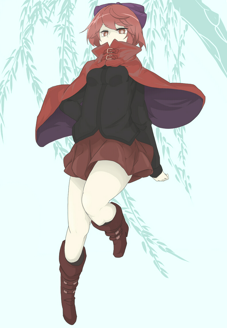 arms_behind_back bare_legs black_shirt boots bow breasts cape full_body hair_bow legs long_sleeves looking_at_viewer purple_bow red_cape red_eyes red_hair red_skirt sekibanki shirt short_hair simple_background skirt small_breasts solo touhou tyouseki