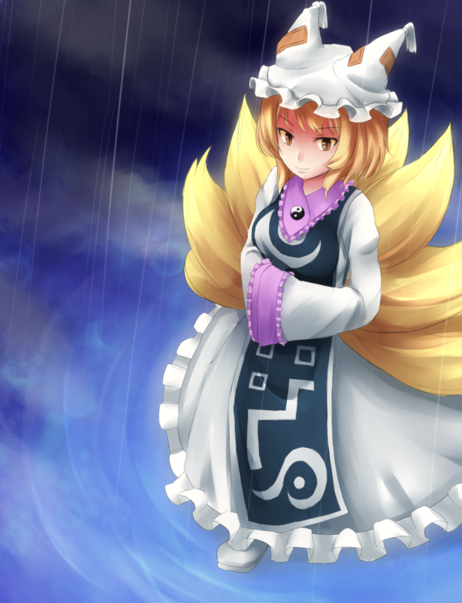 anata_(lighttuner) blonde_hair breasts dress fox_tail frilled_dress frills hands_in_opposite_sleeves hat highres kitsune medium_breasts multiple_tails perfect_cherry_blossom rain ripples shoes short_hair smile solo tail touhou water yakumo_ran yellow_eyes