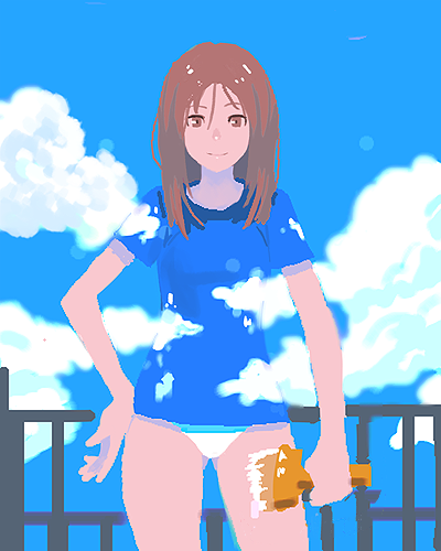 bad_id bad_pixiv_id blending blue_sky brown_eyes brown_hair camouflage cloud day hand_on_hip ladic light_smile long_hair looking_at_viewer lowres no_lineart no_pants original paintbrush panties railing shirt sky solo t-shirt underwear white_paint white_panties